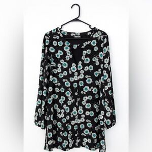 Express Women’s Black & Teal Floral Keyhole Swing Dress – Size Large